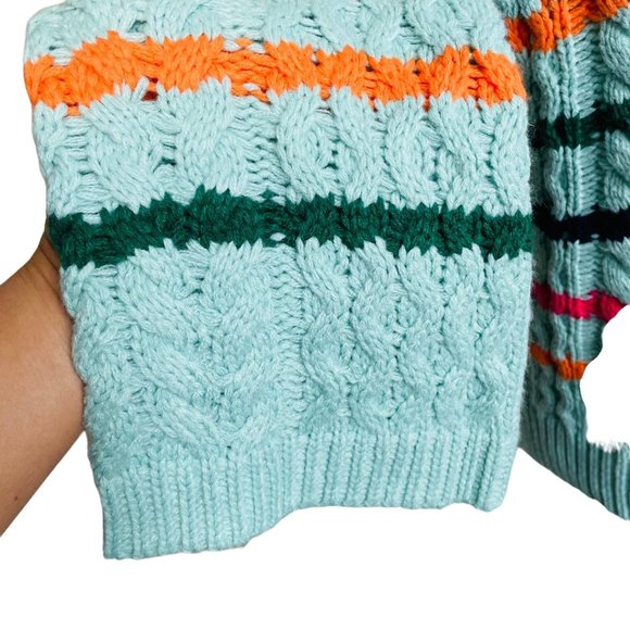 John + Jenn Blue/Green Cable-Knit Striped Turtleneck Sweater Size Small - Picture 6 of 9